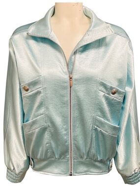 CHANEL RARE BABY BLUE RHINESTONE CC LOGO LAMBSKIN LEATHER TRIMMED SATIN BOMBER J